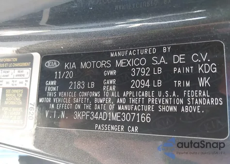 2021 Kia Forte Gt-Line из США, поврежденный, VIN 3KPF34AD1ME307166